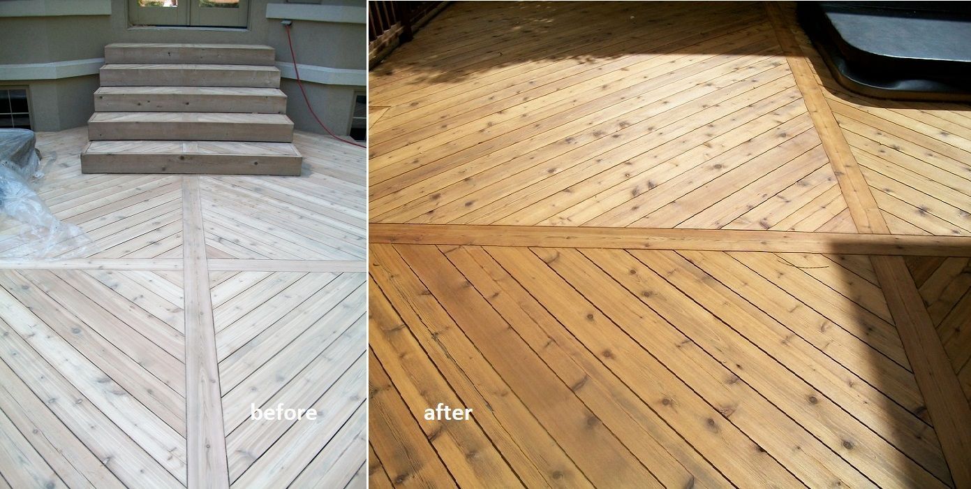 Wooden deck before and after, with steps leading to a doorway on the left.