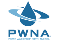 Logo of PWNA, Power Washers of North America, with a blue water droplet and swoosh above the text.