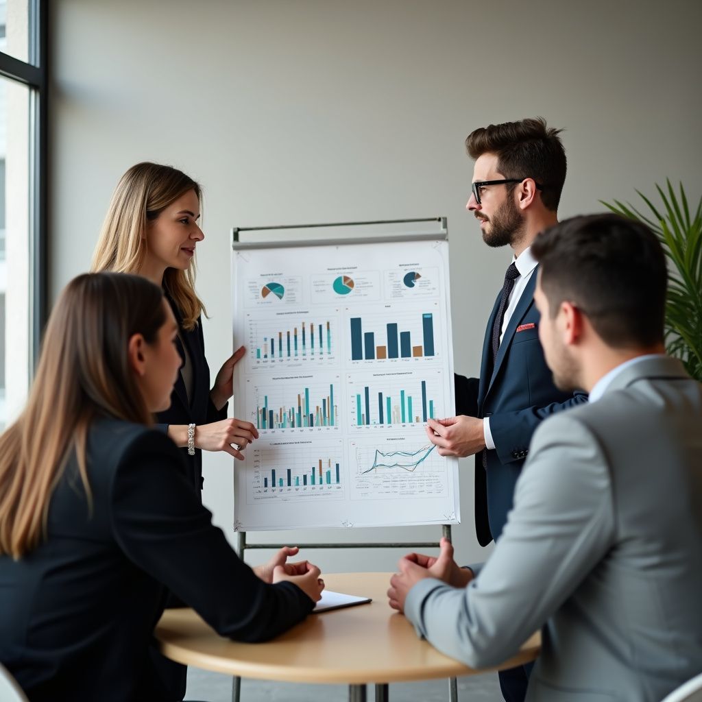Four businesspeople in suits at a table, looking at a presentation with graphs and charts.