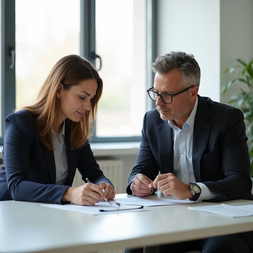 Woman and man in suits reviewing documents at a table.