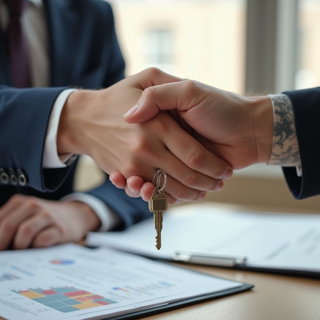 Two people shaking hands, keys hanging from one hand, over documents on a table.