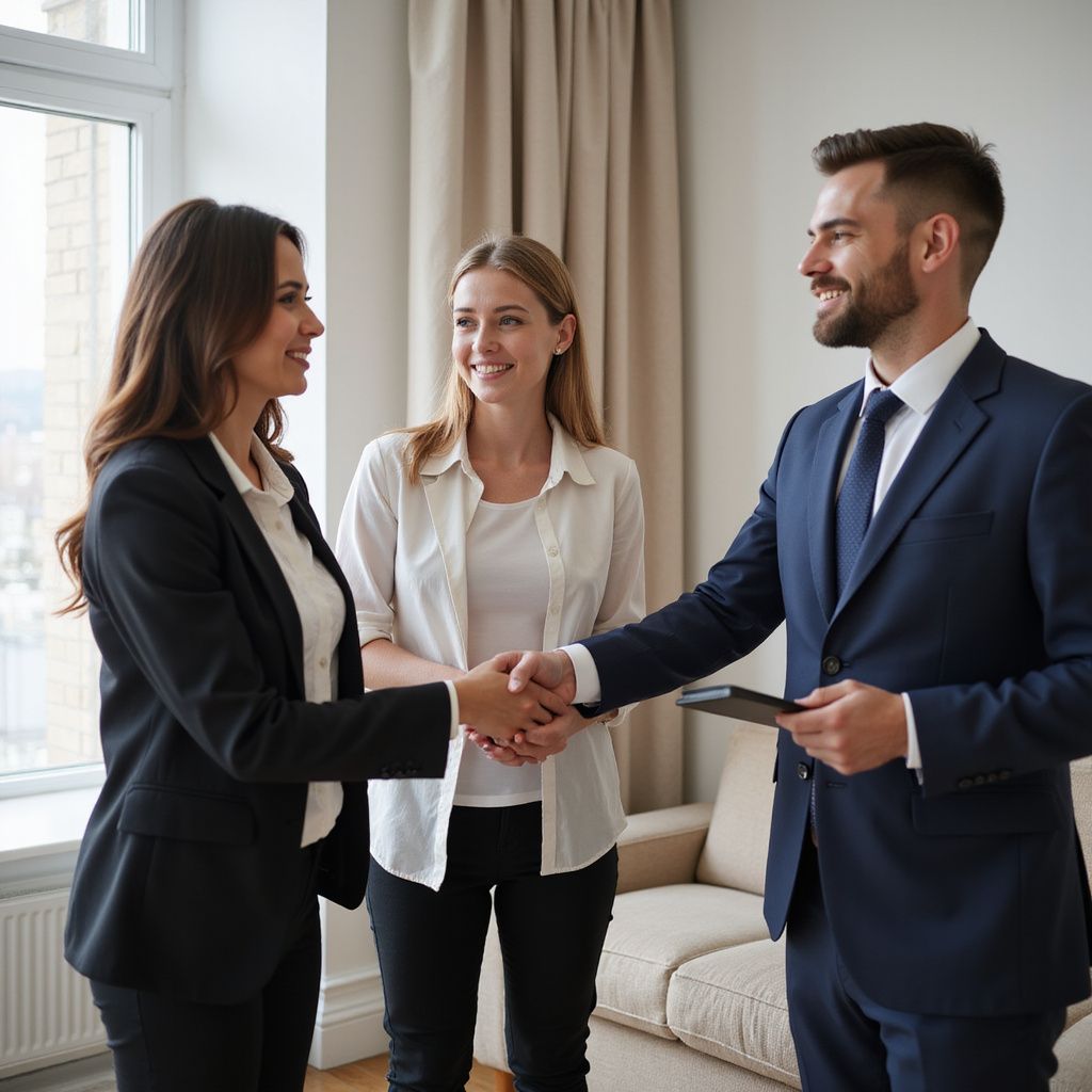 Two women and a man shaking hands in a bright room; they are smiling.