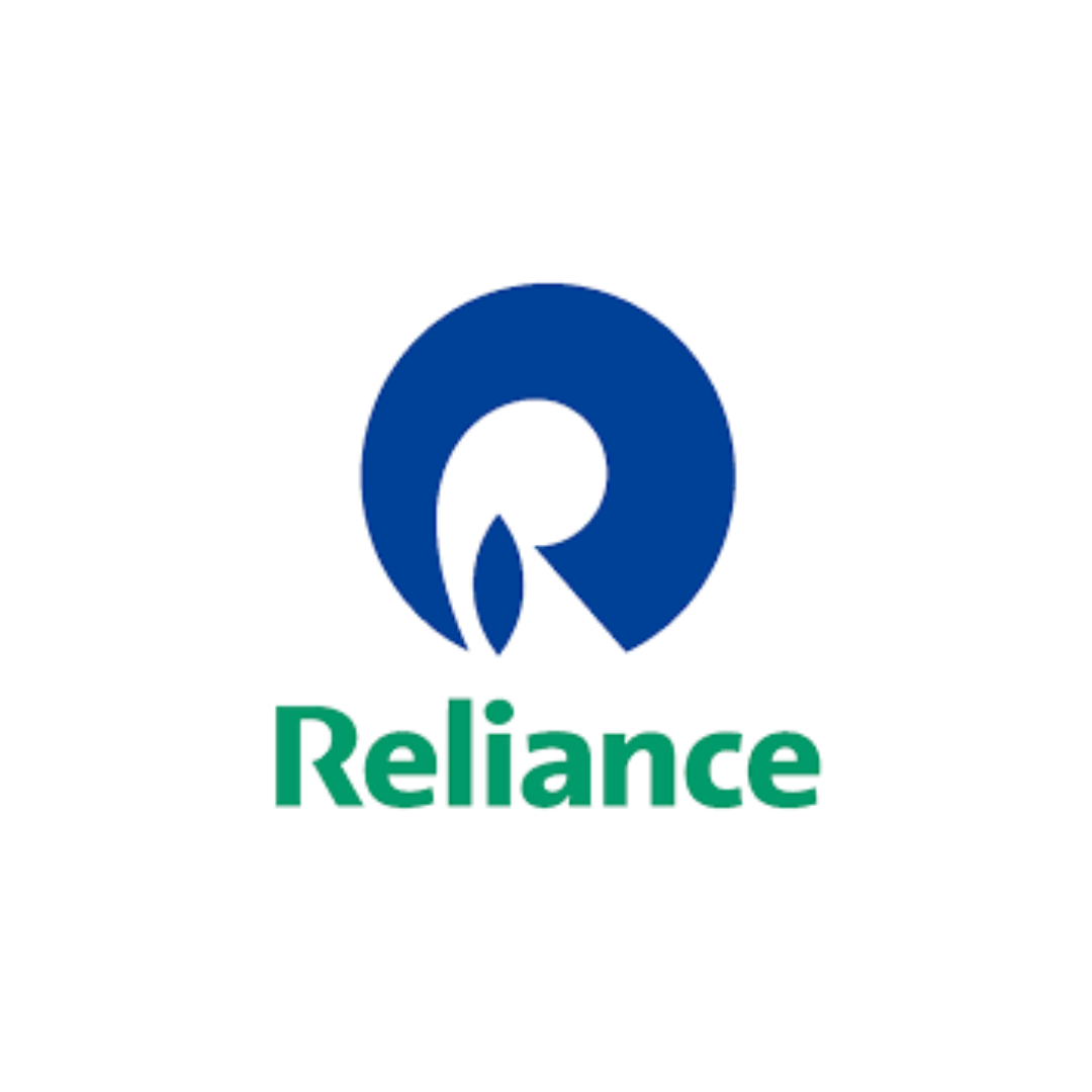 A blue and green reliance logo on a white background