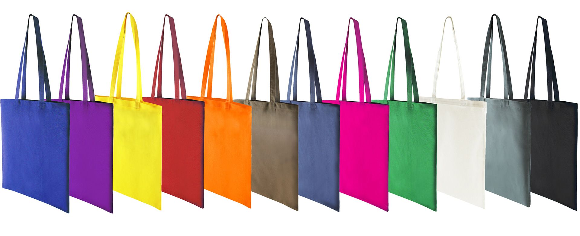 A row of colorful shopping bags are lined up in a row on a white background.