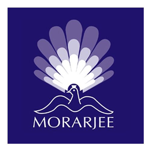 A logo for morarjee with a peacock on a blue background