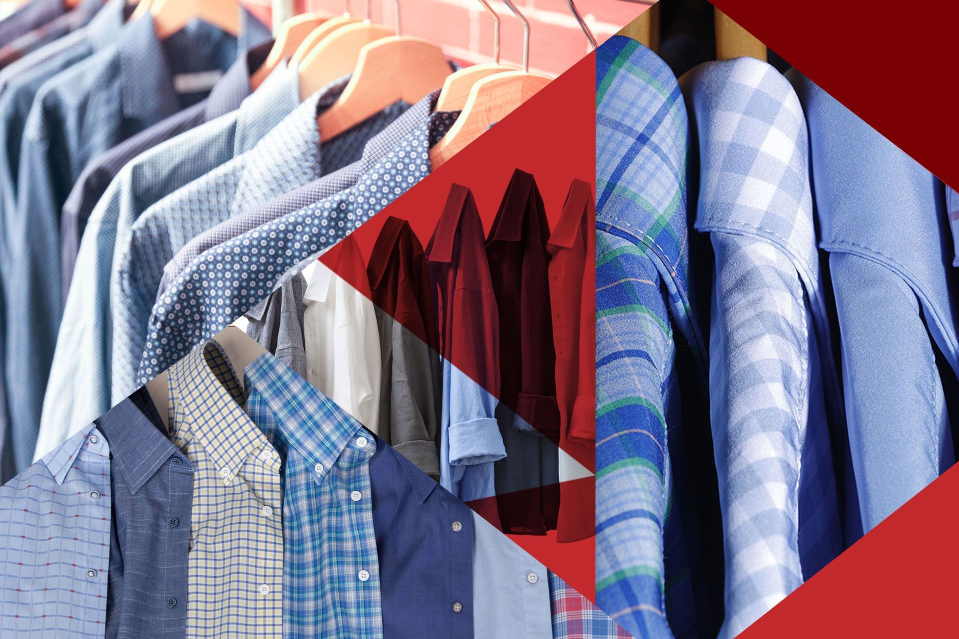 A bunch of shirts are hanging on a rack in a closet.