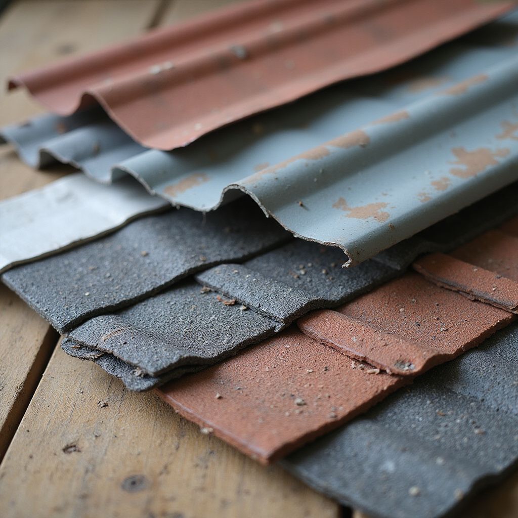 Assorted weathered roofing tiles in red, gray, and brown, stacked on a wooden surface.