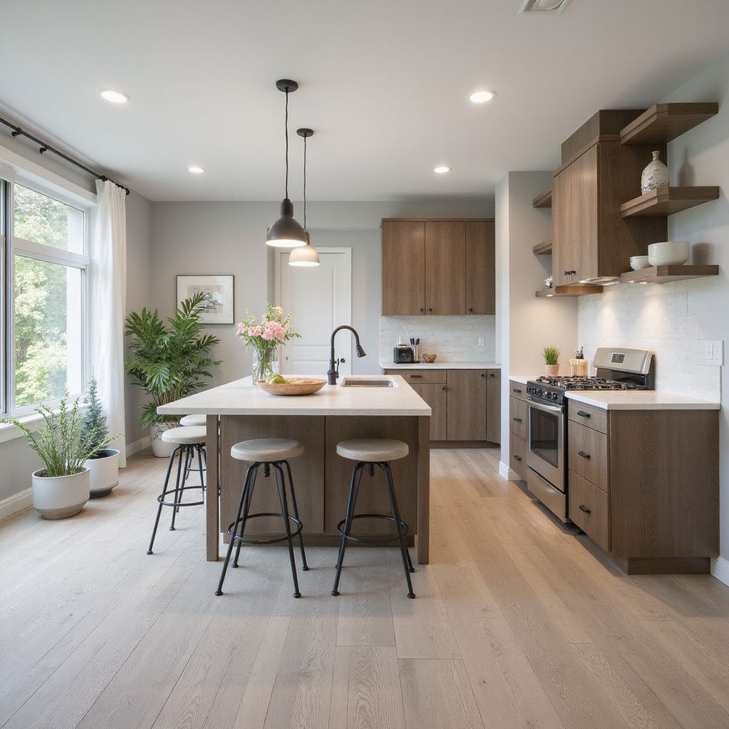 Modern kitchen with wood cabinets, island with stools, and large windows.