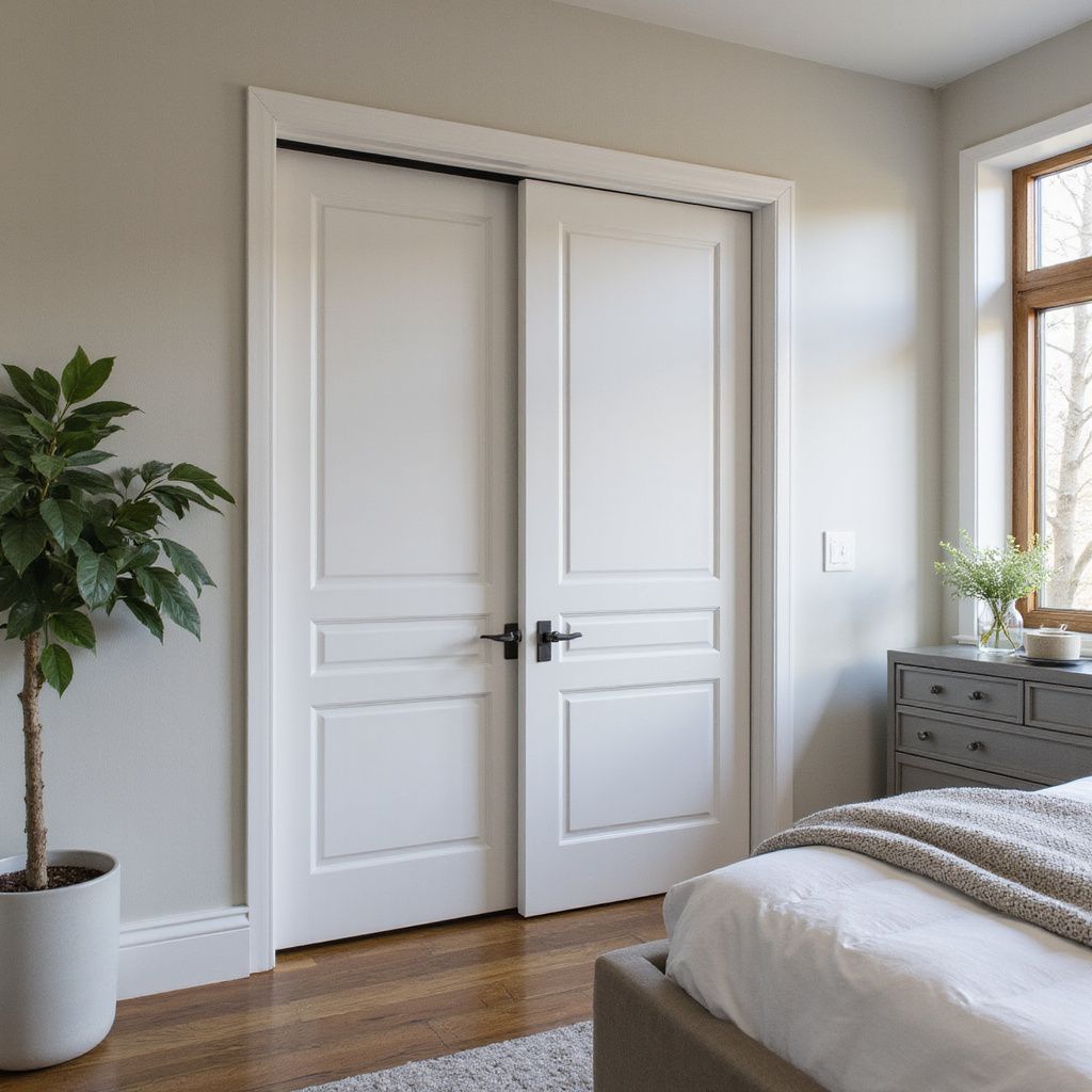 White double doors with black hardware, next to a bedroom with a bed and a potted plant.