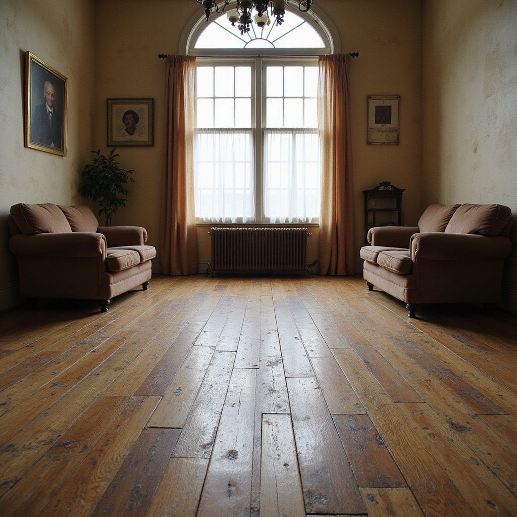Room with hardwood floor, two armchairs, large window, portraits, and a radiator.