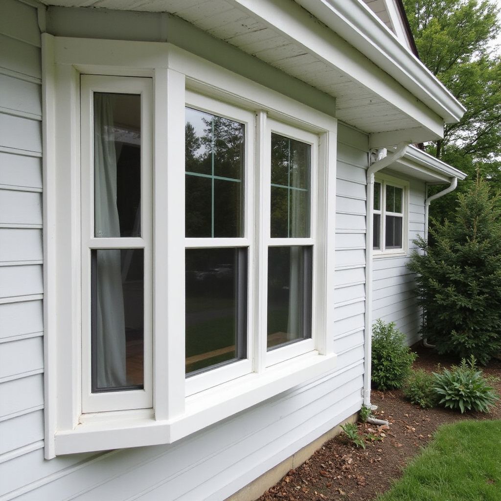 Bay window on a light gray house with white trim, a small window, and green shrubs.