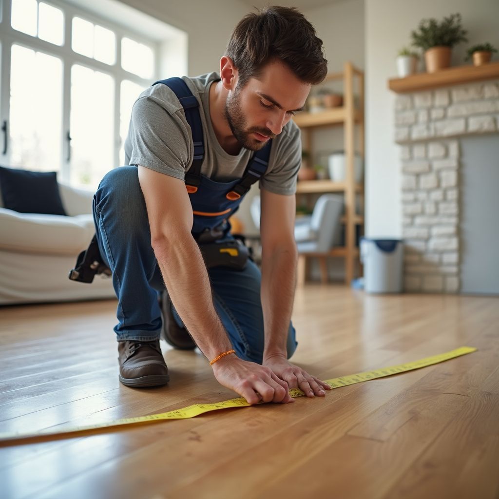 Man in overalls kneeling on hardwood floor, measuring with a yellow tape measure indoors.