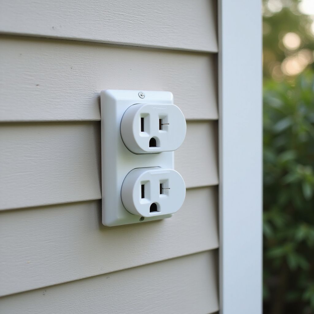 White outdoor electrical outlet on beige siding.