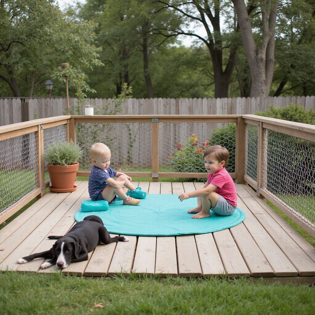 Two toddlers play on a teal mat on a deck, dog rests nearby.