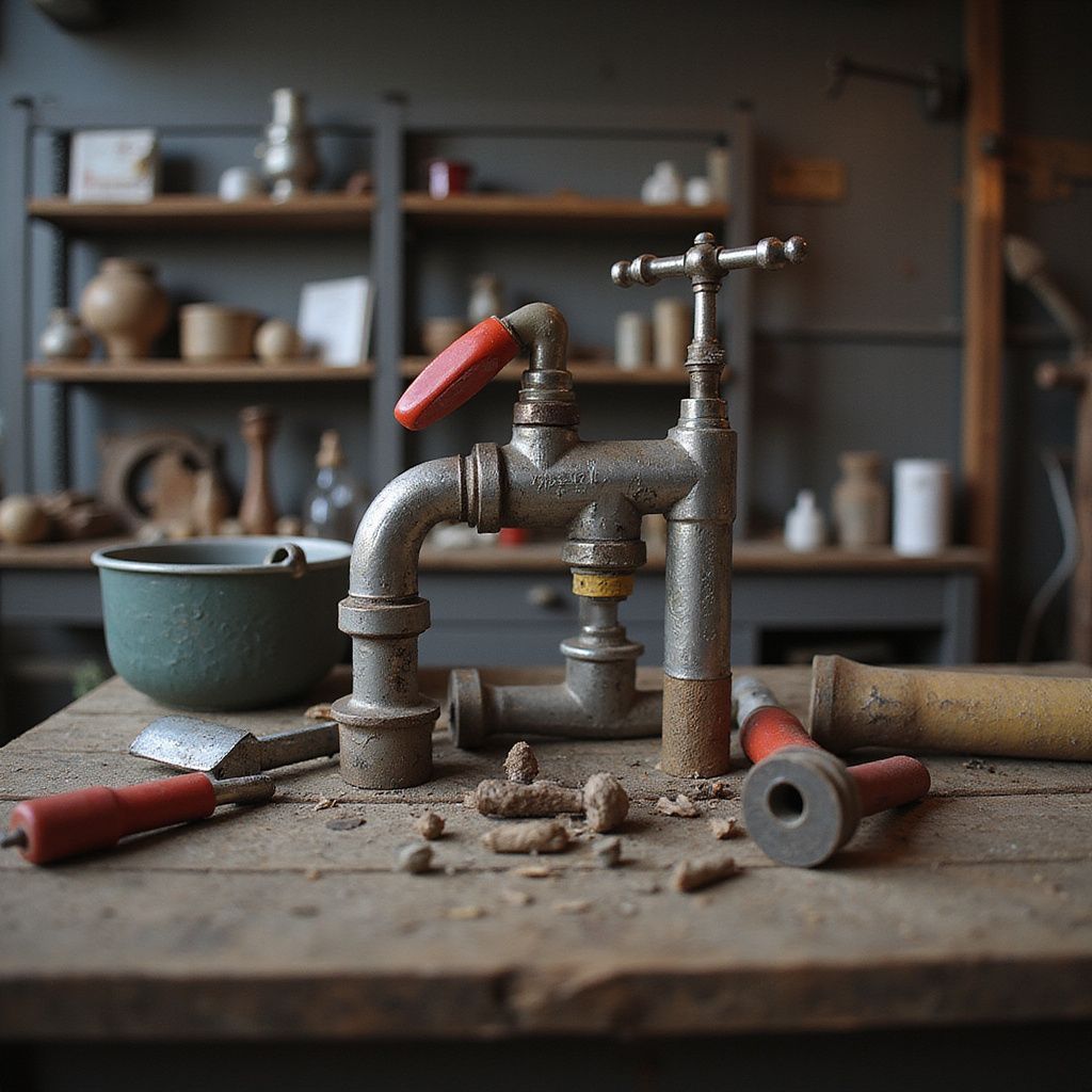 Close-up of plumbing pipes and tools on a wooden workbench, with a workshop background.