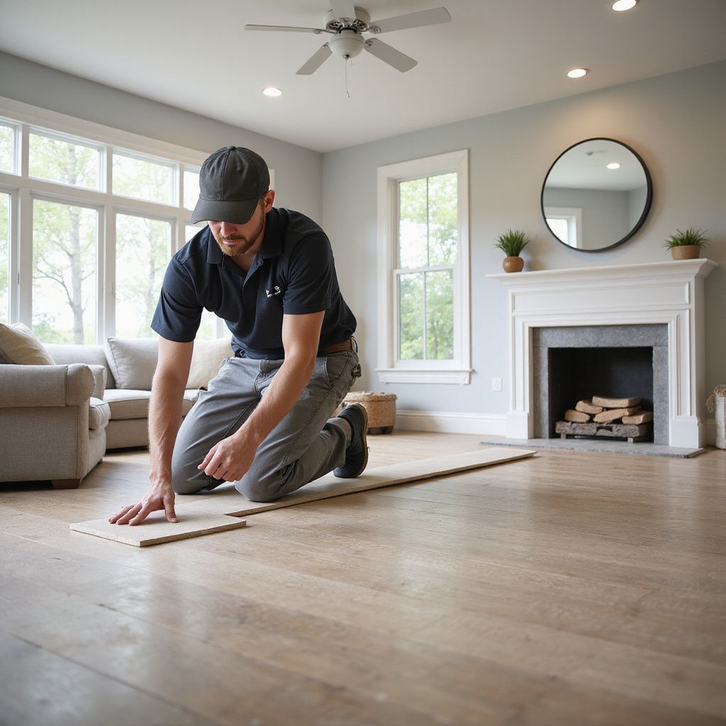 Man kneeling, installing flooring in a living room with a fireplace, sofa, and large windows.