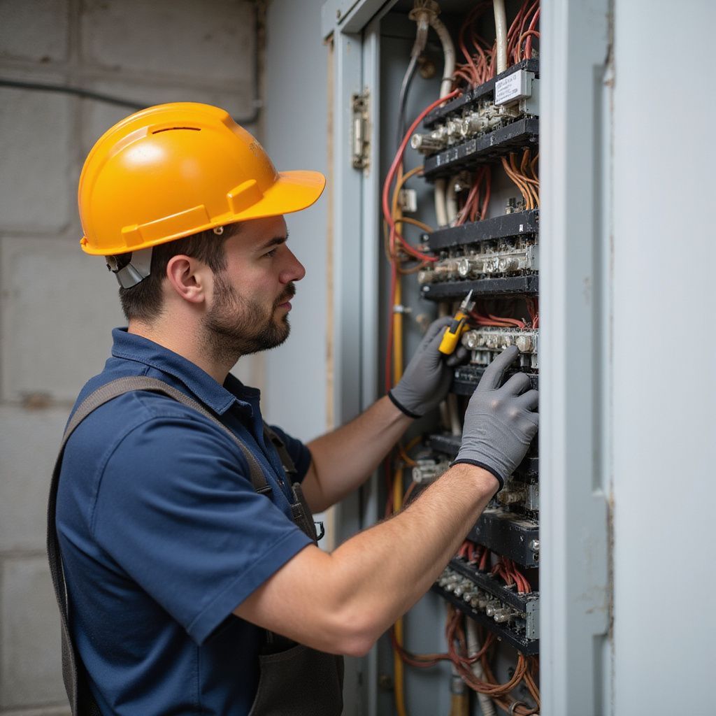Electrician in yellow hard hat and gloves working on electrical panel.