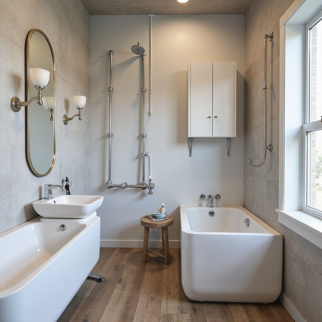 Bathroom with white tub, sink, and cabinet. Chrome shower fixtures and a wood stool. Light gray walls.