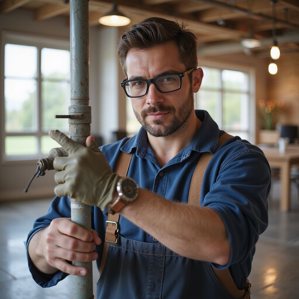 Man in overalls, safety glasses, and gloves, holding a metal pipe, looking at the camera.