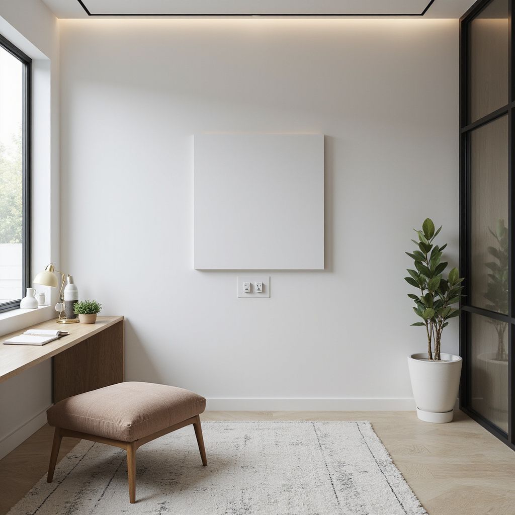 A modern room with a window, desk, chair, blank art, and a potted plant.