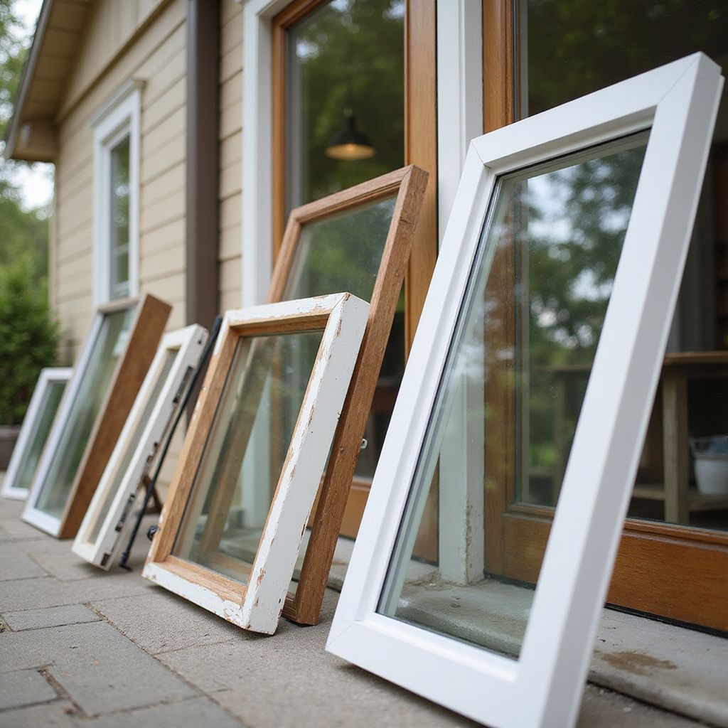 Windows leaning against a wall outside a building, various sizes and frame colors.