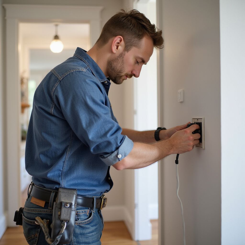 Man in denim shirt installing an outlet on a wall, standing in a hallway.