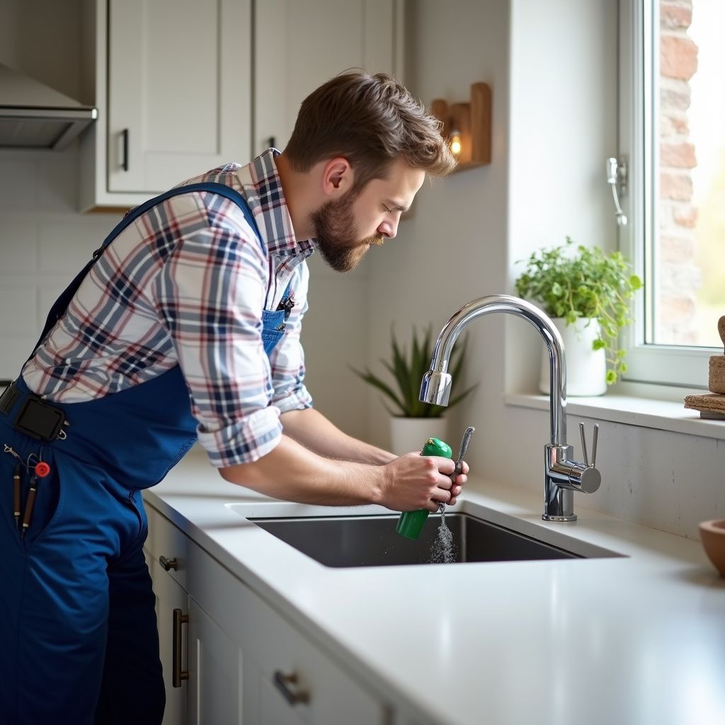 Plumber in blue overalls working on a kitchen sink, holding a green object.