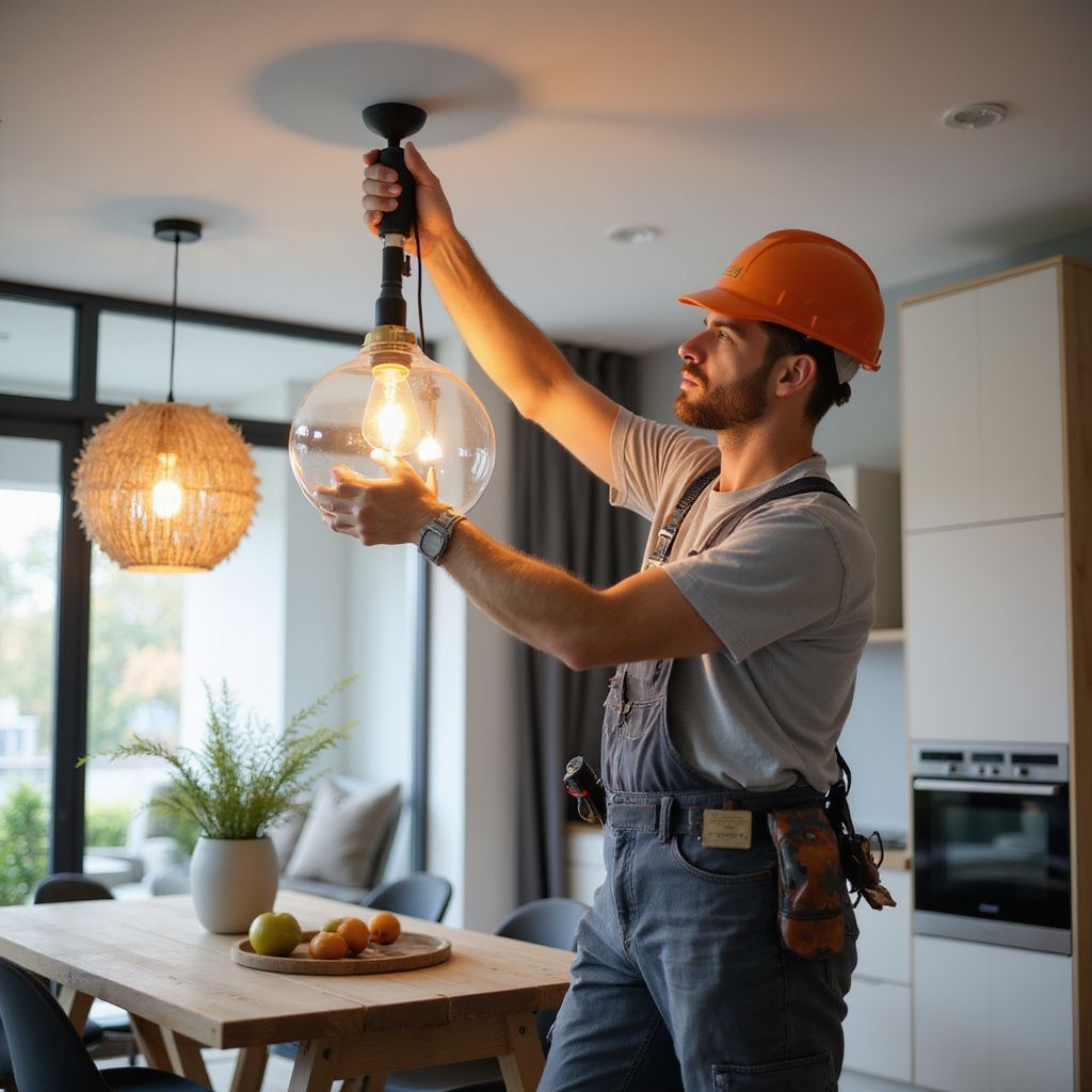 Electrician in overalls and hard hat installing a light fixture in a modern dining room.