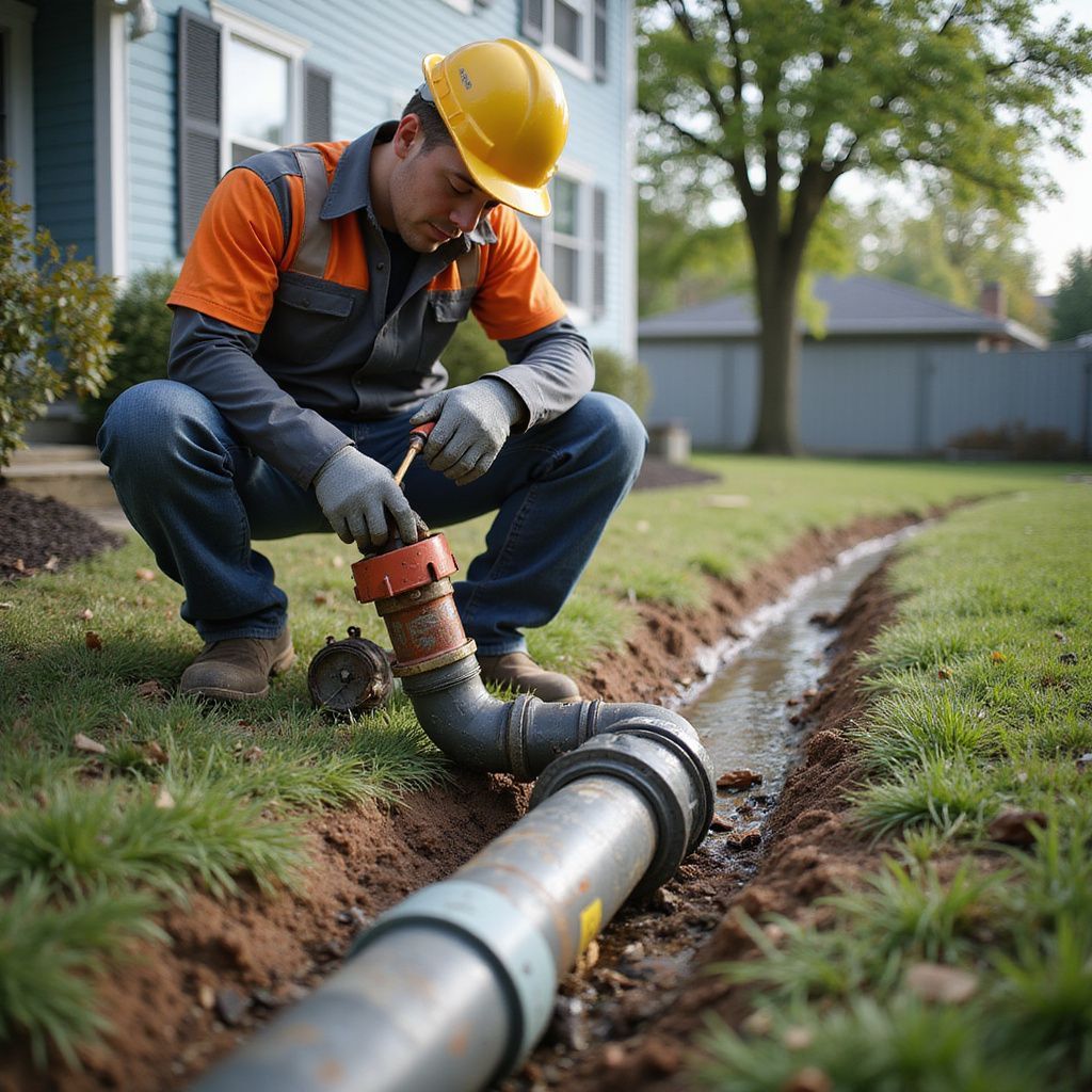 A worker in orange and yellow safety gear repairs a pipe in a ditch on a lawn near a house.