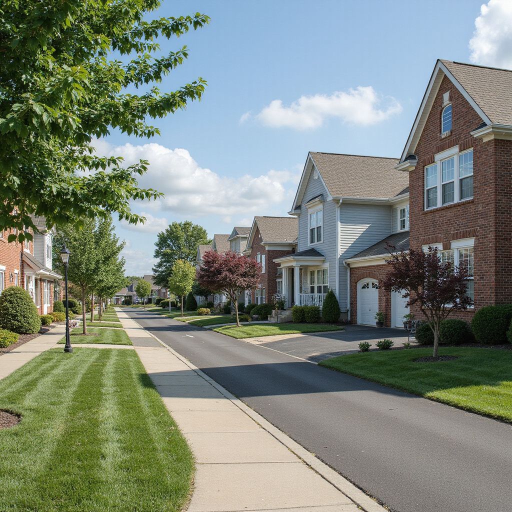 Residential street with brick and siding houses, green lawns, trees, and a blue sky.