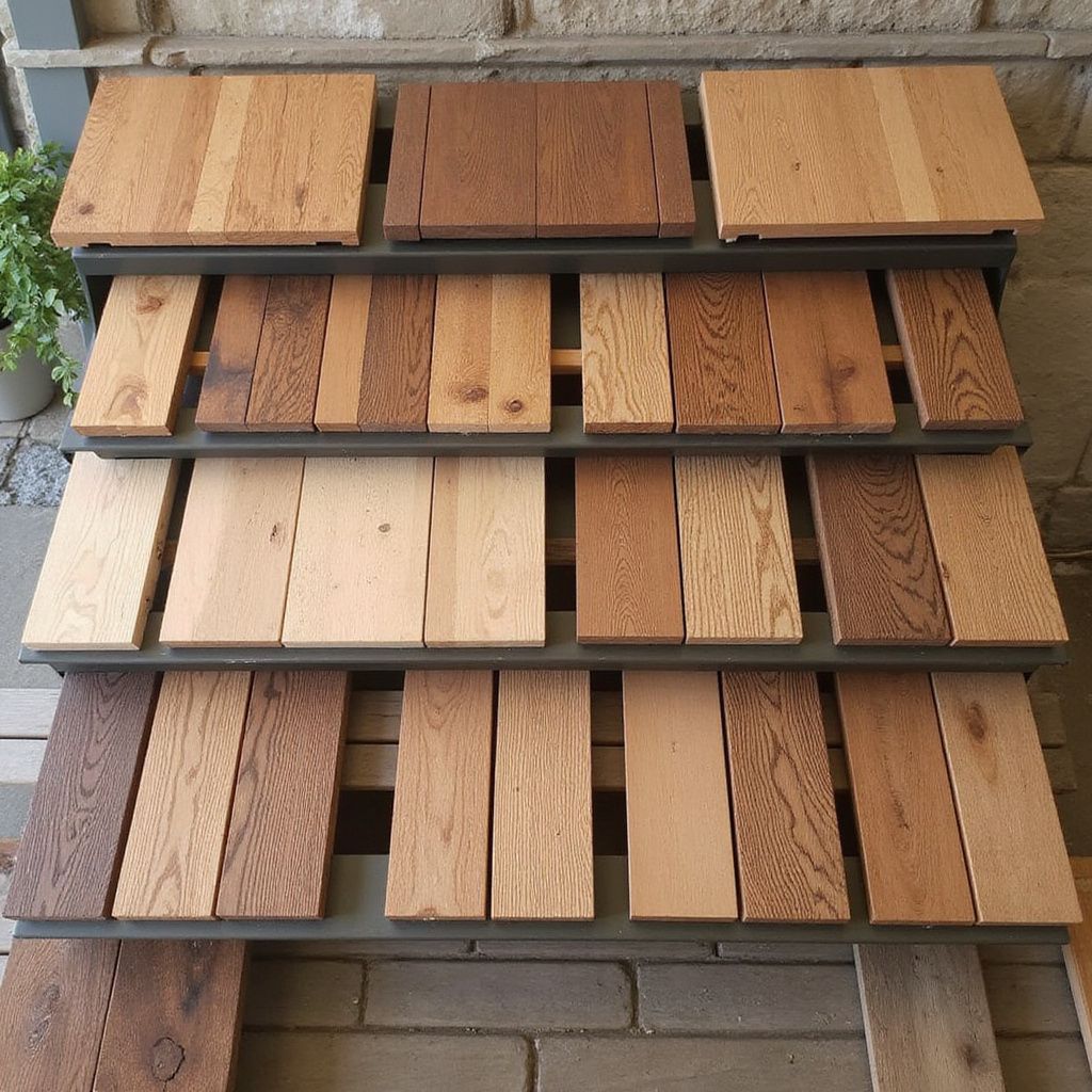 Wooden planks of various colors and textures displayed on shelves.