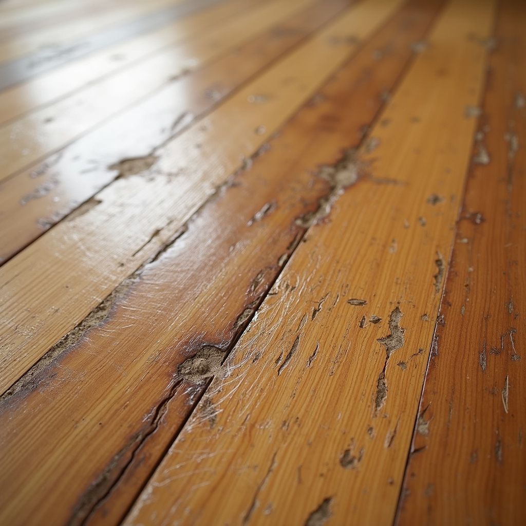 Close-up of worn, wooden floorboards with visible cracks and peeling finish; warm brown tones.