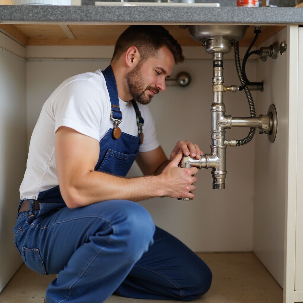 Plumber in blue overalls under a kitchen sink, working on the pipes.