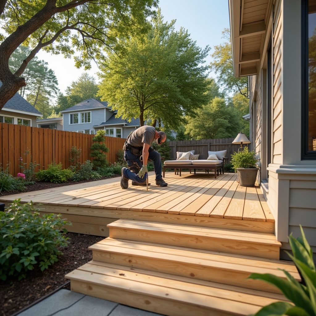 Man building a wooden deck in a backyard. The deck has stairs and is surrounded by plants and trees.