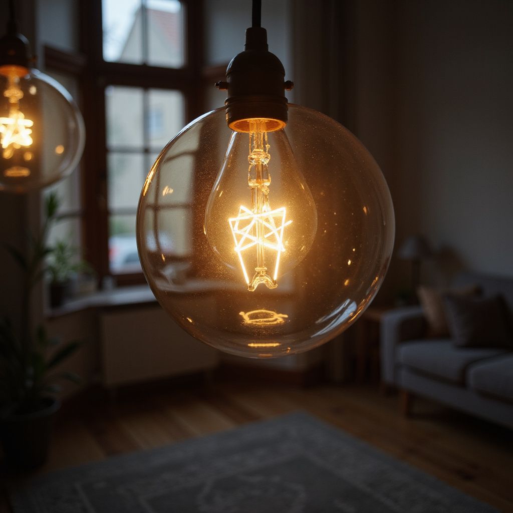 Large, round Edison bulb hanging in a dimly lit room with a patterned rug and couch.