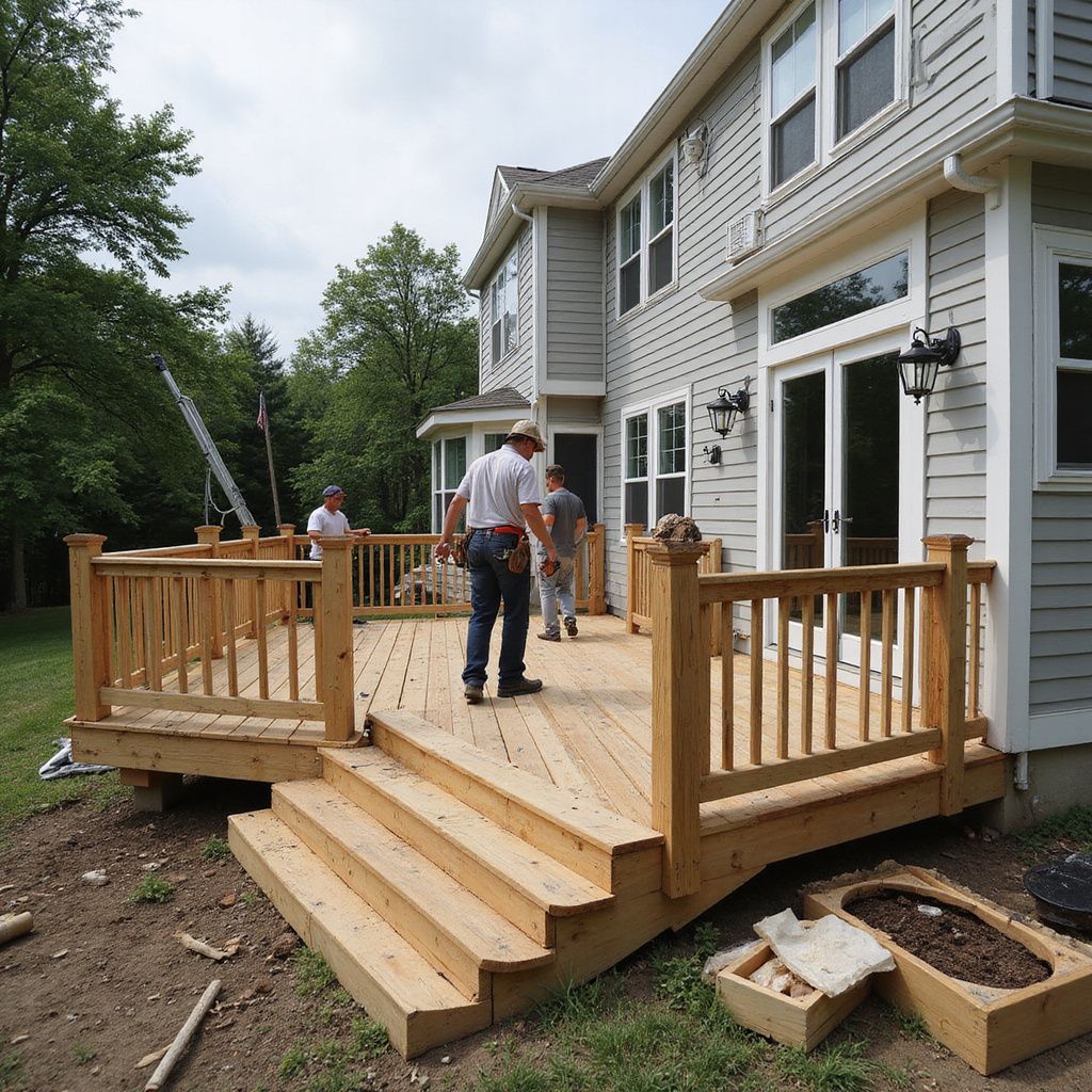 Workers constructing a wooden deck outside a two-story house.