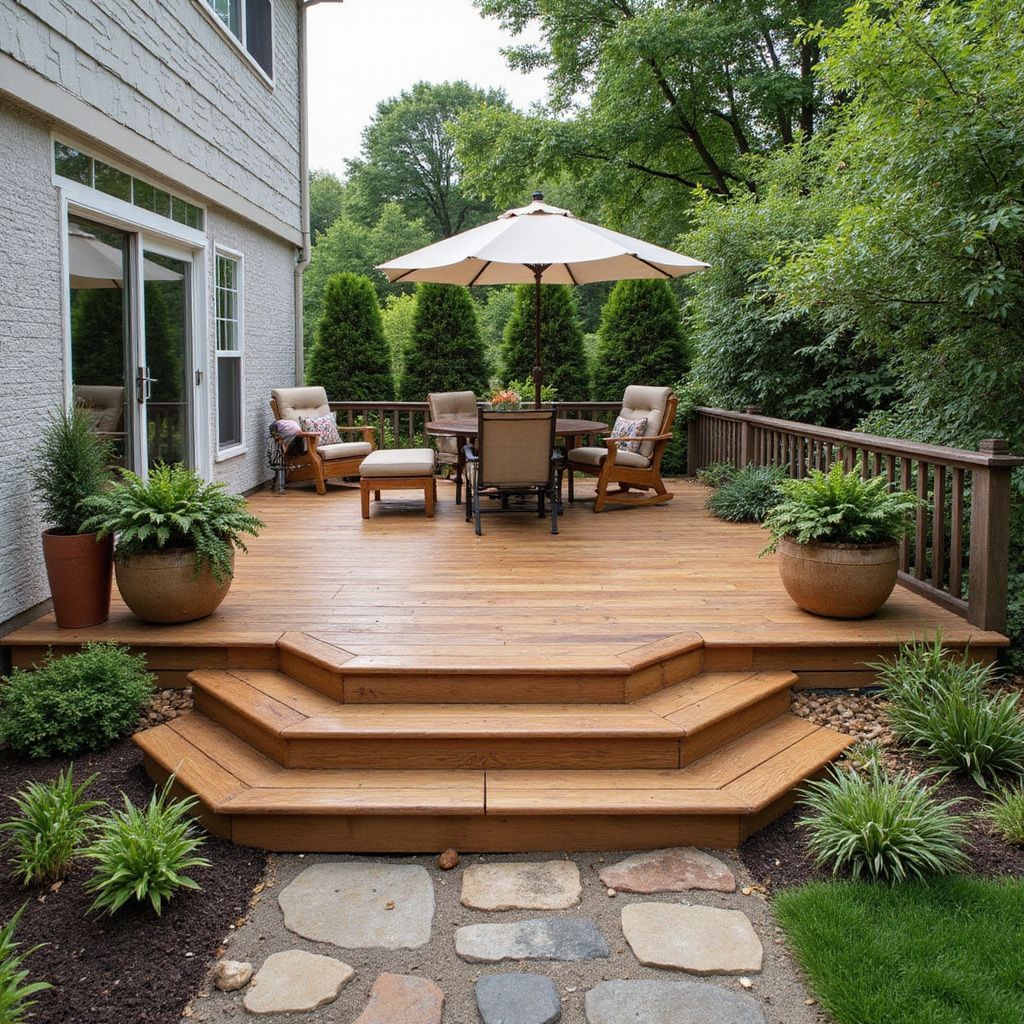 Wooden deck with steps, patio furniture, umbrella, and potted plants in a backyard setting.