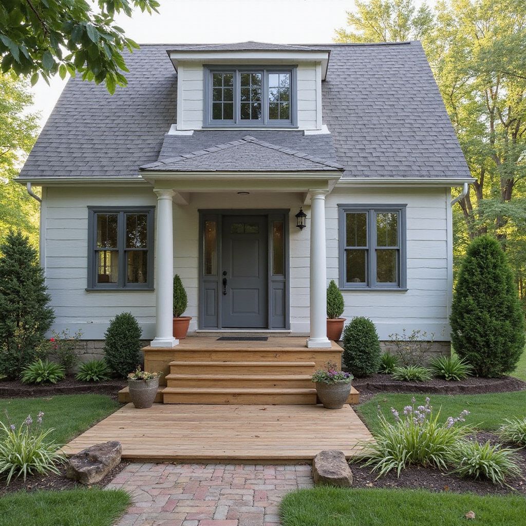 White house with gray trim, front porch, and wooden walkway.