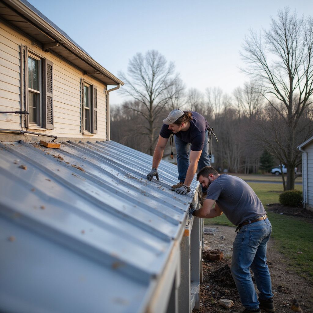 Two workers on a metal roof, installing or repairing gutters on a house.