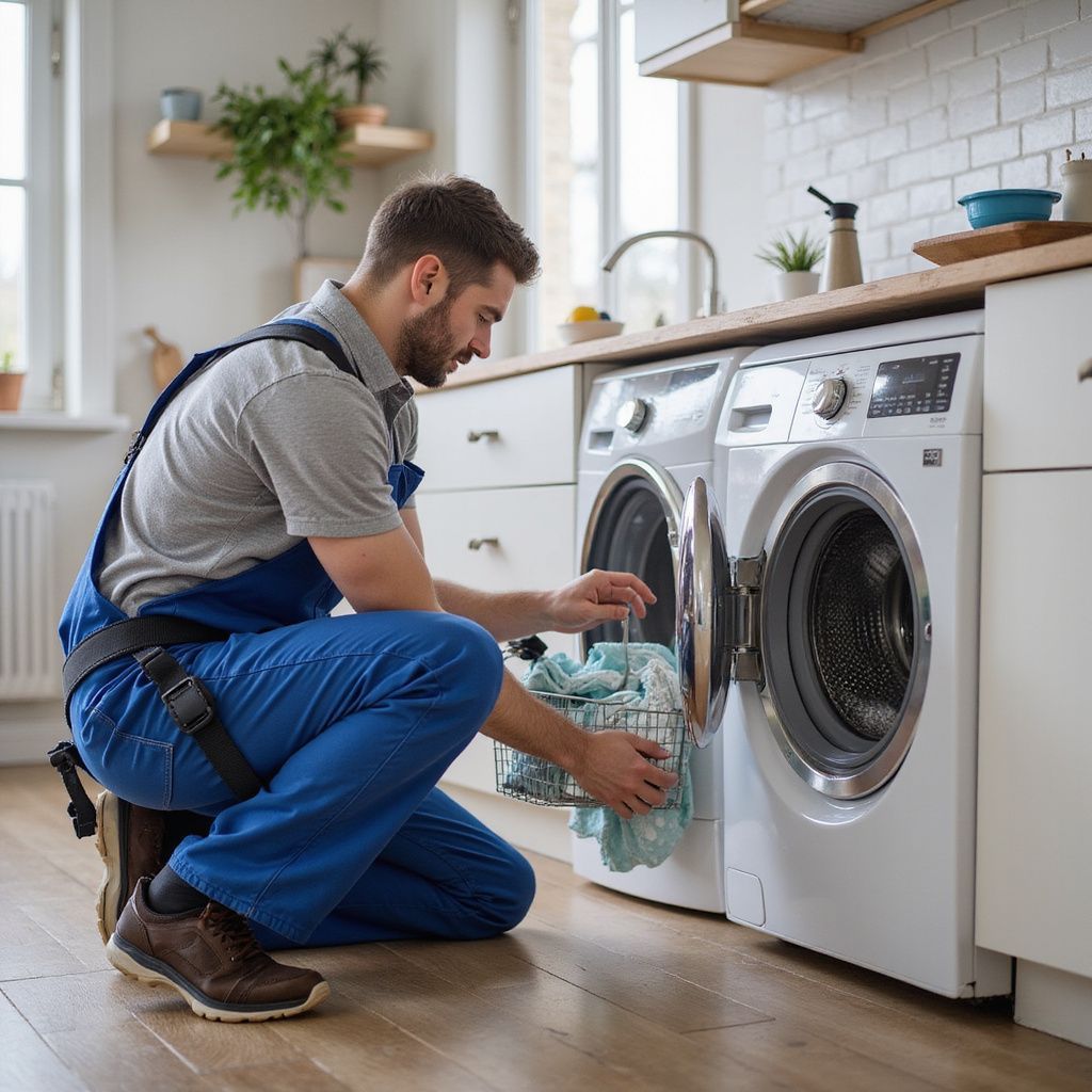 A man in blue overalls loads laundry into a washing machine in a kitchen.