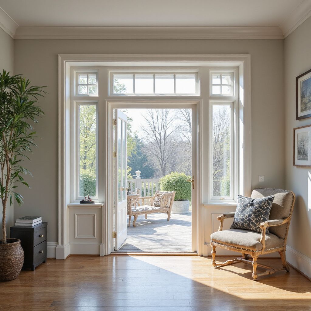 Interior doorway opens to a sunny patio with bench; a chair sits to the right, a plant to the left, and hardwood floor.