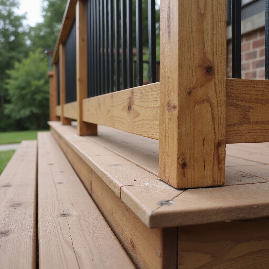 Wooden deck with steps and railing, black vertical spindles.