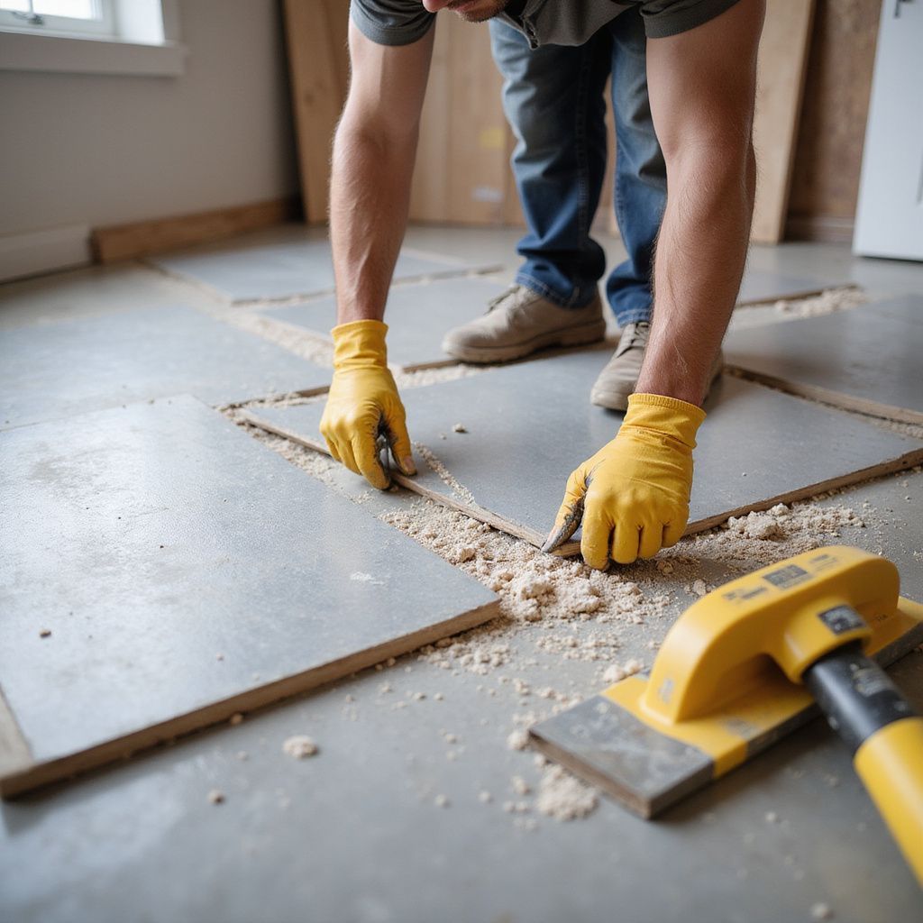 Person wearing gloves installing tiles on a concrete floor, using a tool and sawdust.