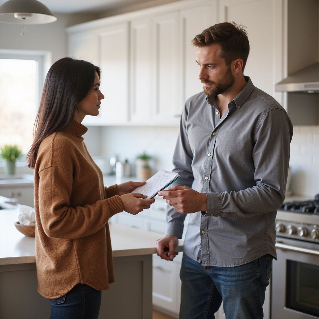Woman handing papers to a man in a kitchen, discussing; natural light.