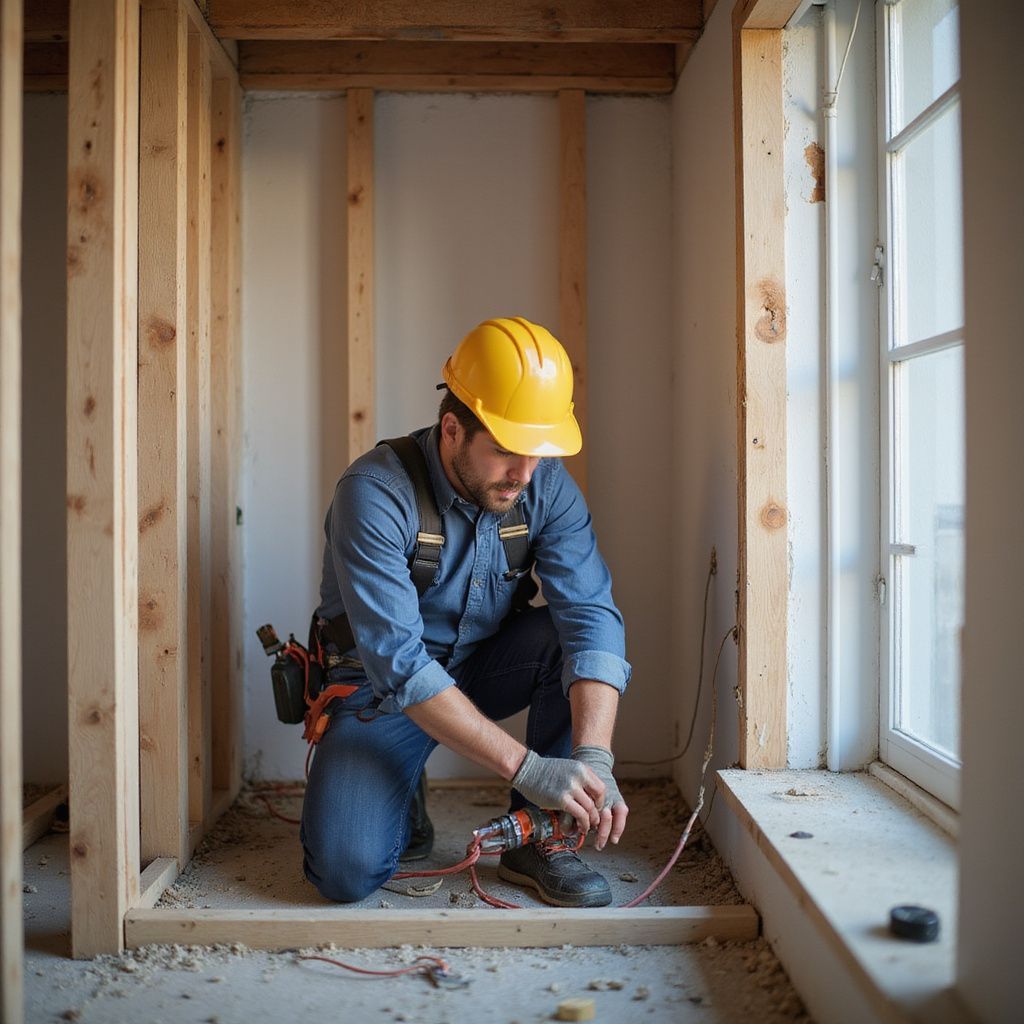 Carpenter kneeling, working on framing in a room with a window. He wears a hard hat and uses a power drill.