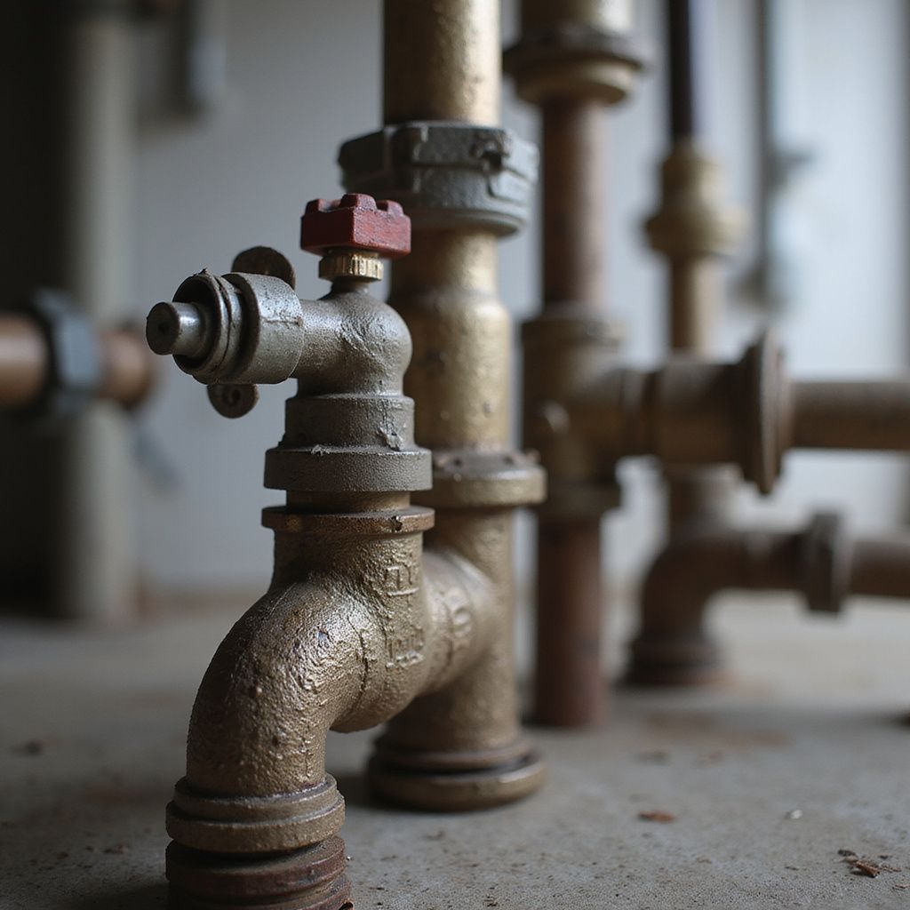 Close-up of old brass pipes and a faucet in a room with a concrete floor.