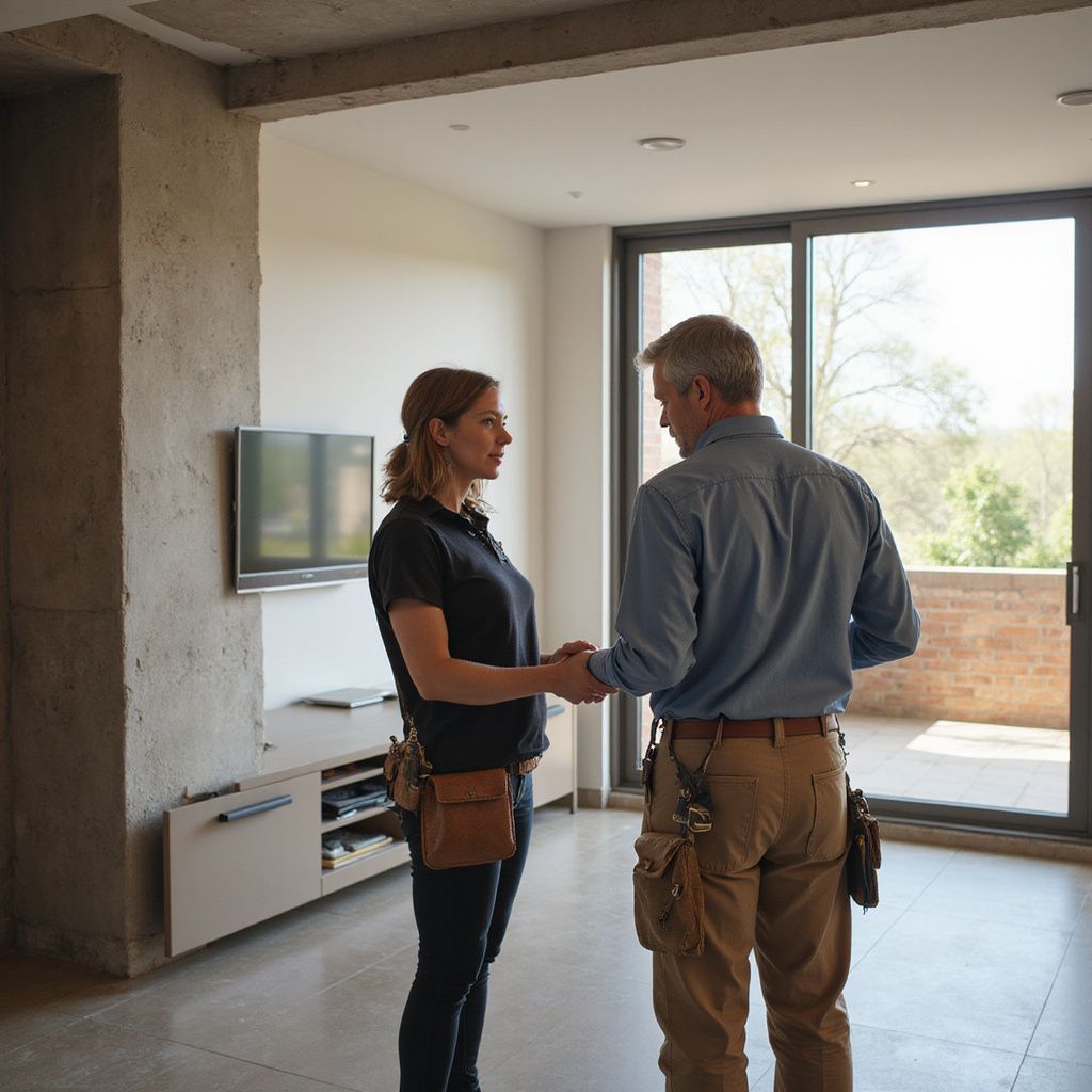 Woman and man shaking hands in a modern, empty room. Both wear tool belts.