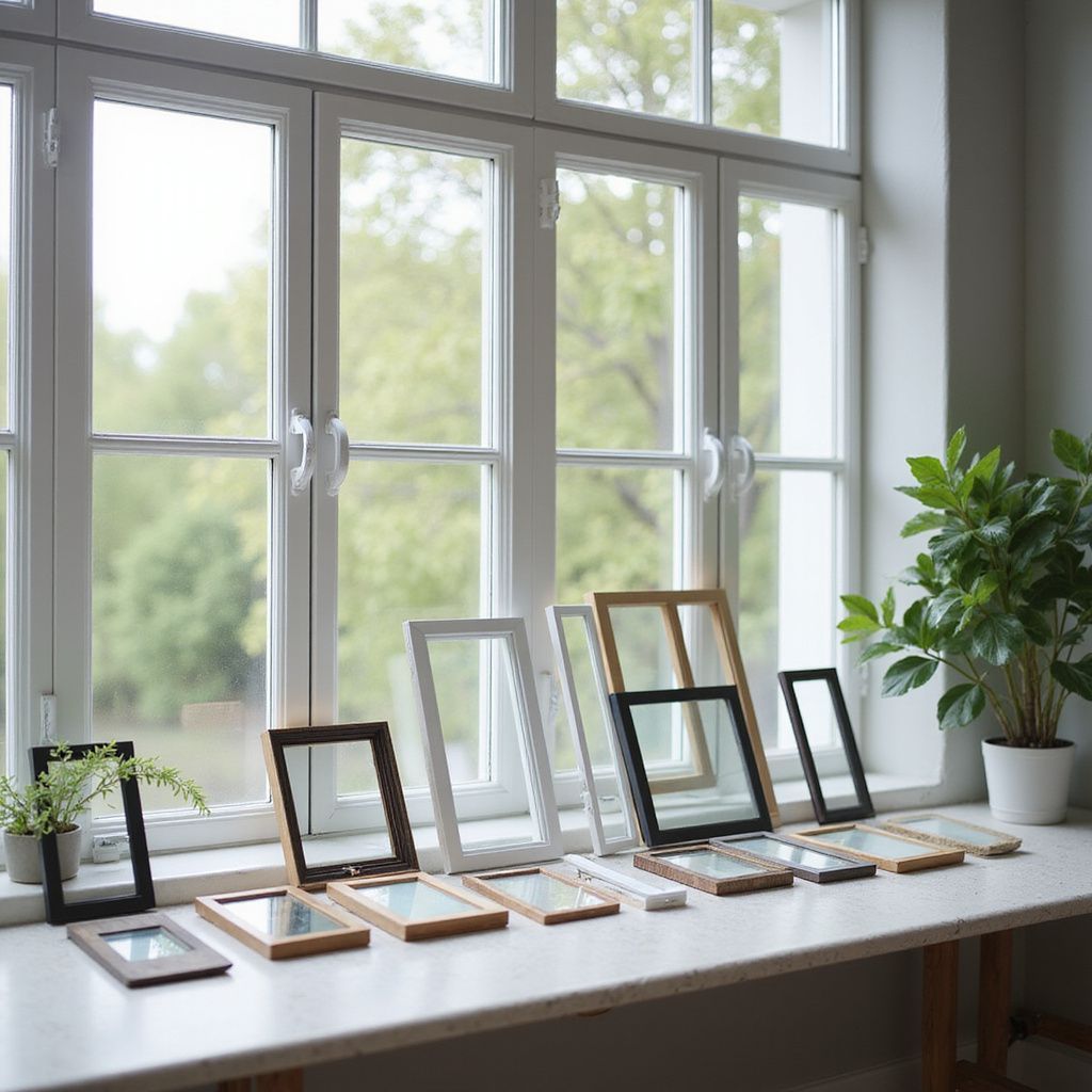 Variety of picture frames on a windowsill, with a window and a plant.