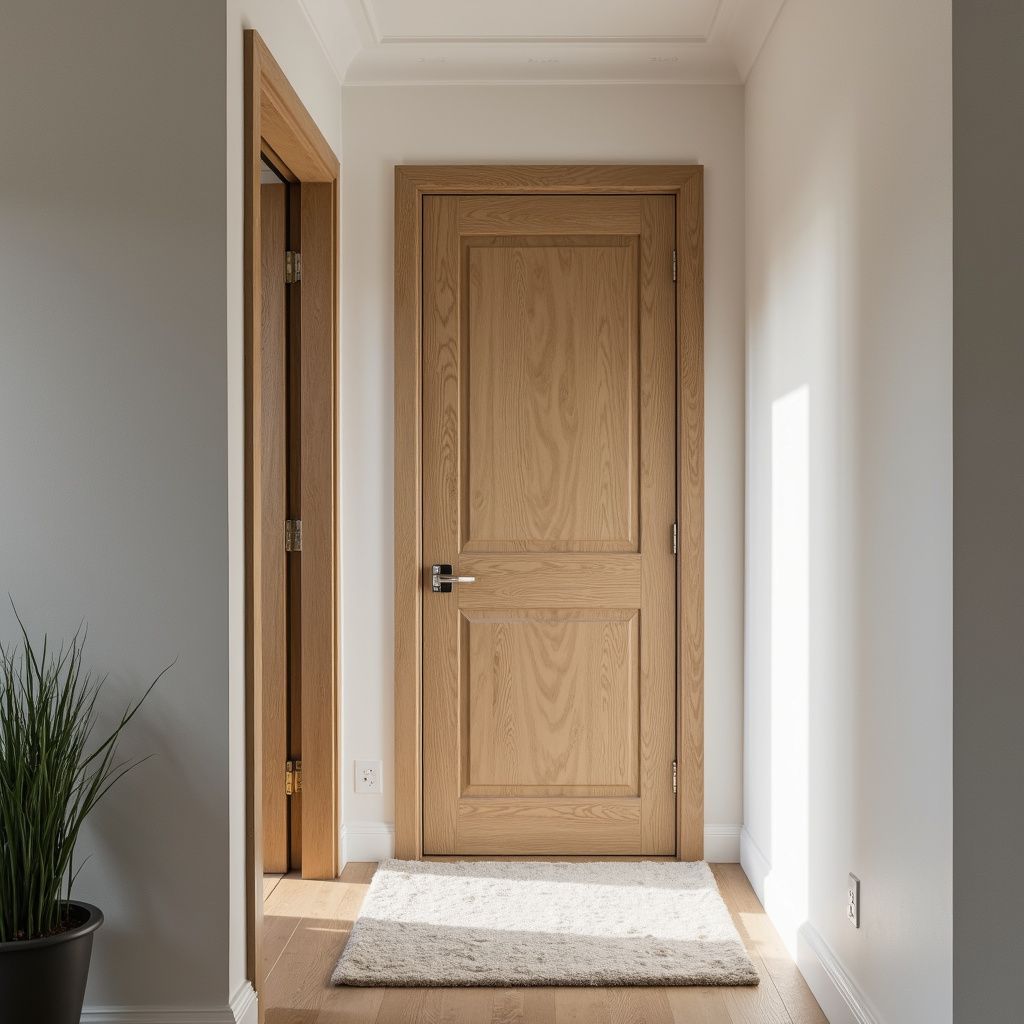 Wooden door in a hallway with a small rug on a wooden floor, next to a potted plant and another open door.