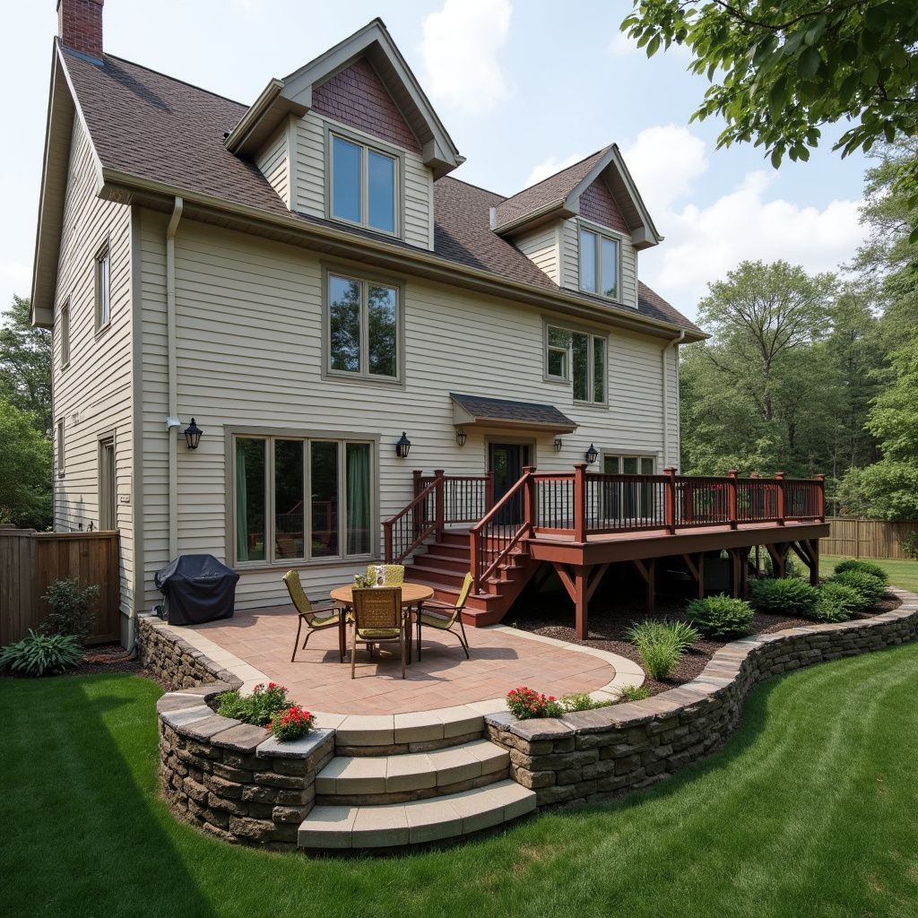 Back exterior of a two-story home with a deck, patio, and landscaped yard.